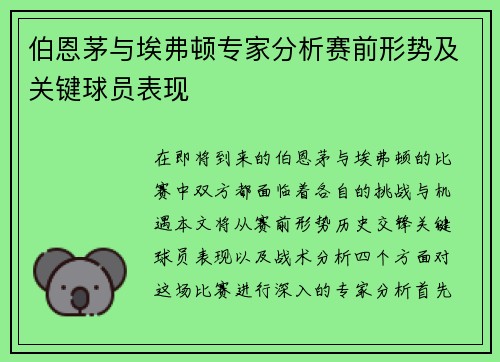 伯恩茅与埃弗顿专家分析赛前形势及关键球员表现